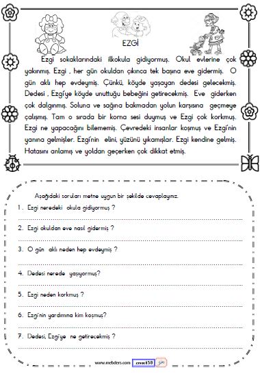 2. Sınıf Türkçe Okuma ve Anlama Metni Etkinliği ( Ezgi )